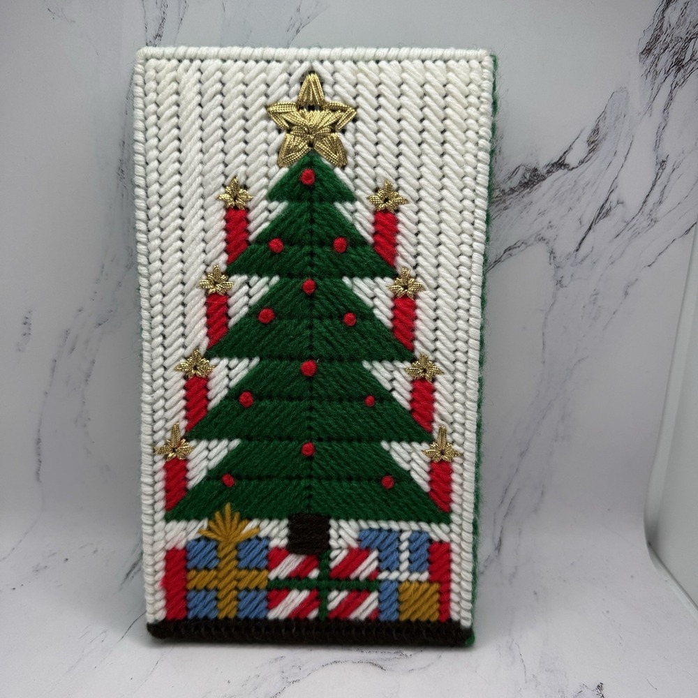 Vintage Plastic Canvas Needlepoint Christmas Tree Box Christmas Card Holder Box